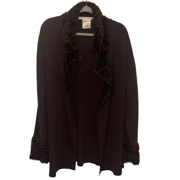 Y2K Max Studio Brown Knitwear Faux Fur Trim Duster Cardigan Sweater - Size XL - Picture 2 of 8